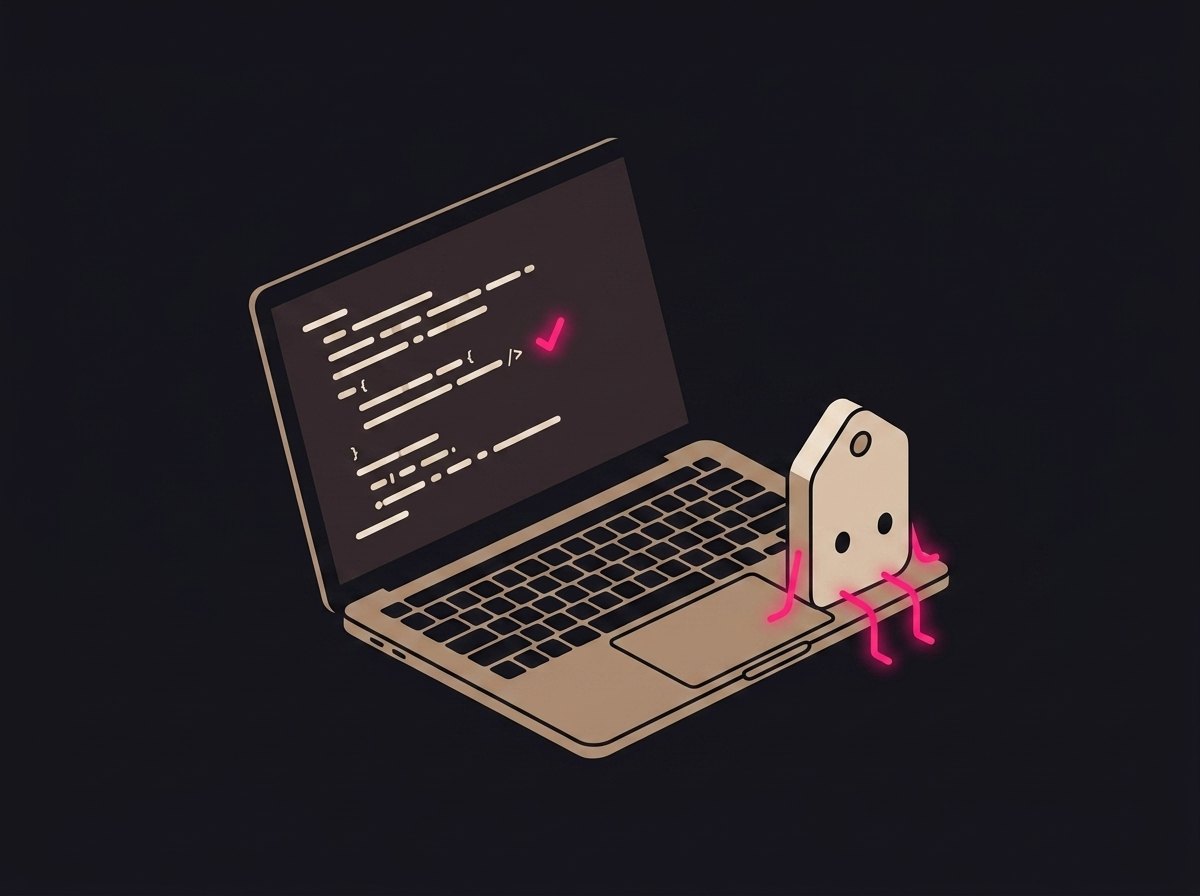Code editor with a VIA ID badge check inline, mascot beside the laptop