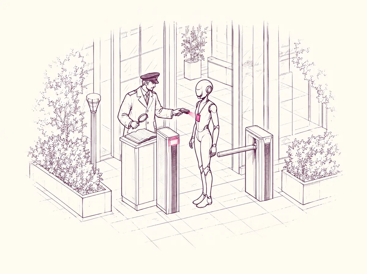 Check: a gatekeeper scans an agent's badge and inspects its log at the turnstile