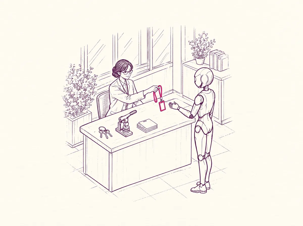 Issue: a clerk hands a new badge to an agent, with three keys and a seal press on the desk