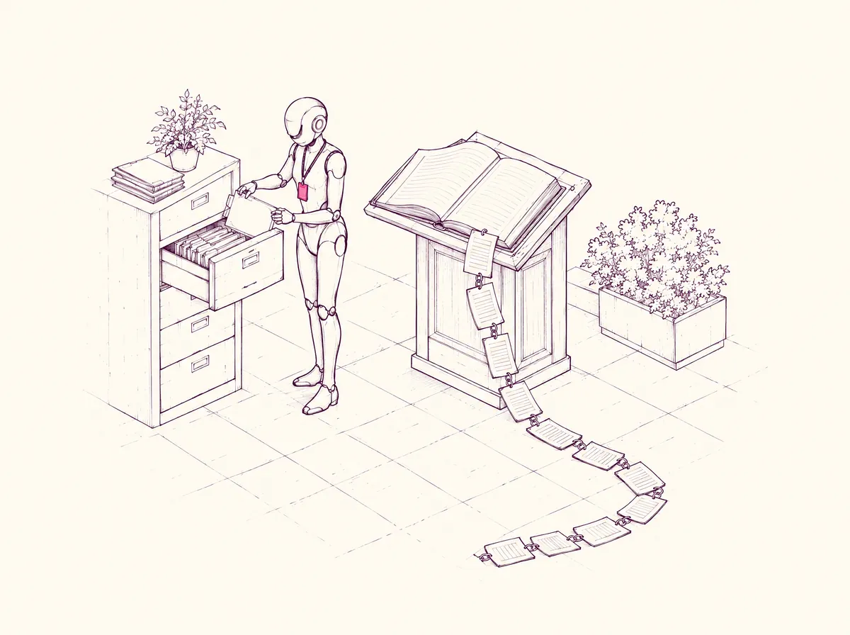 Record: an agent files a document while its logbook grows a chain of linked pages