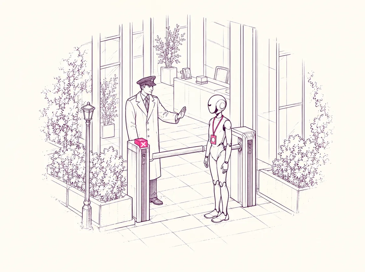 Refuse: an agent with a revoked, hole-punched badge is stopped at a closed turnstile