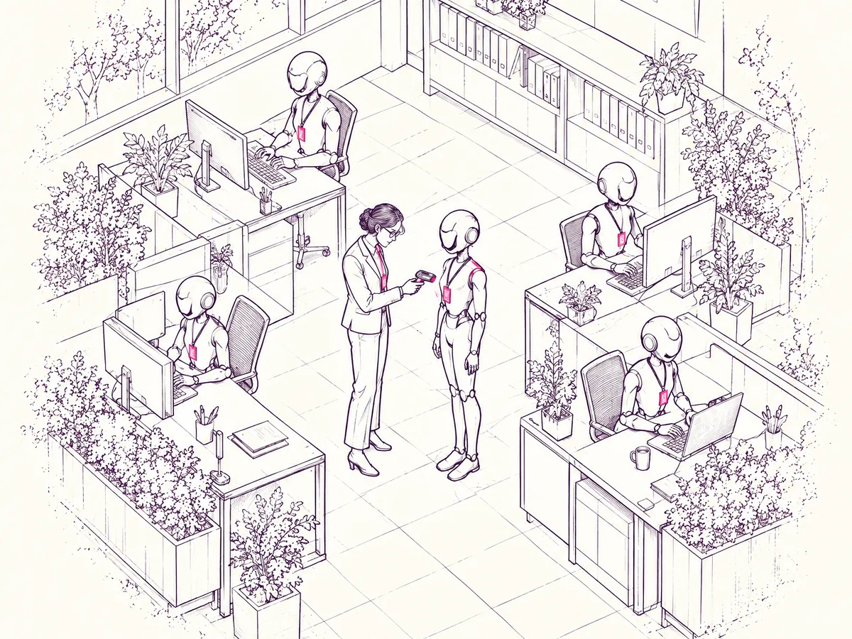 Ink drawing of an office of badged AI agents at their desks while a team lead spot-checks one badge