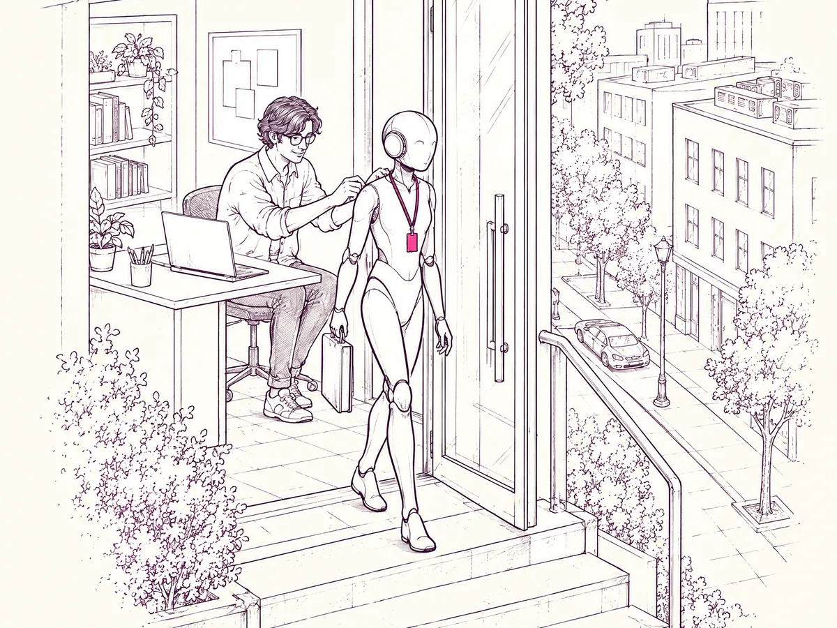 Ink drawing of a developer clipping a badge on an AI agent as it steps out the door toward the city