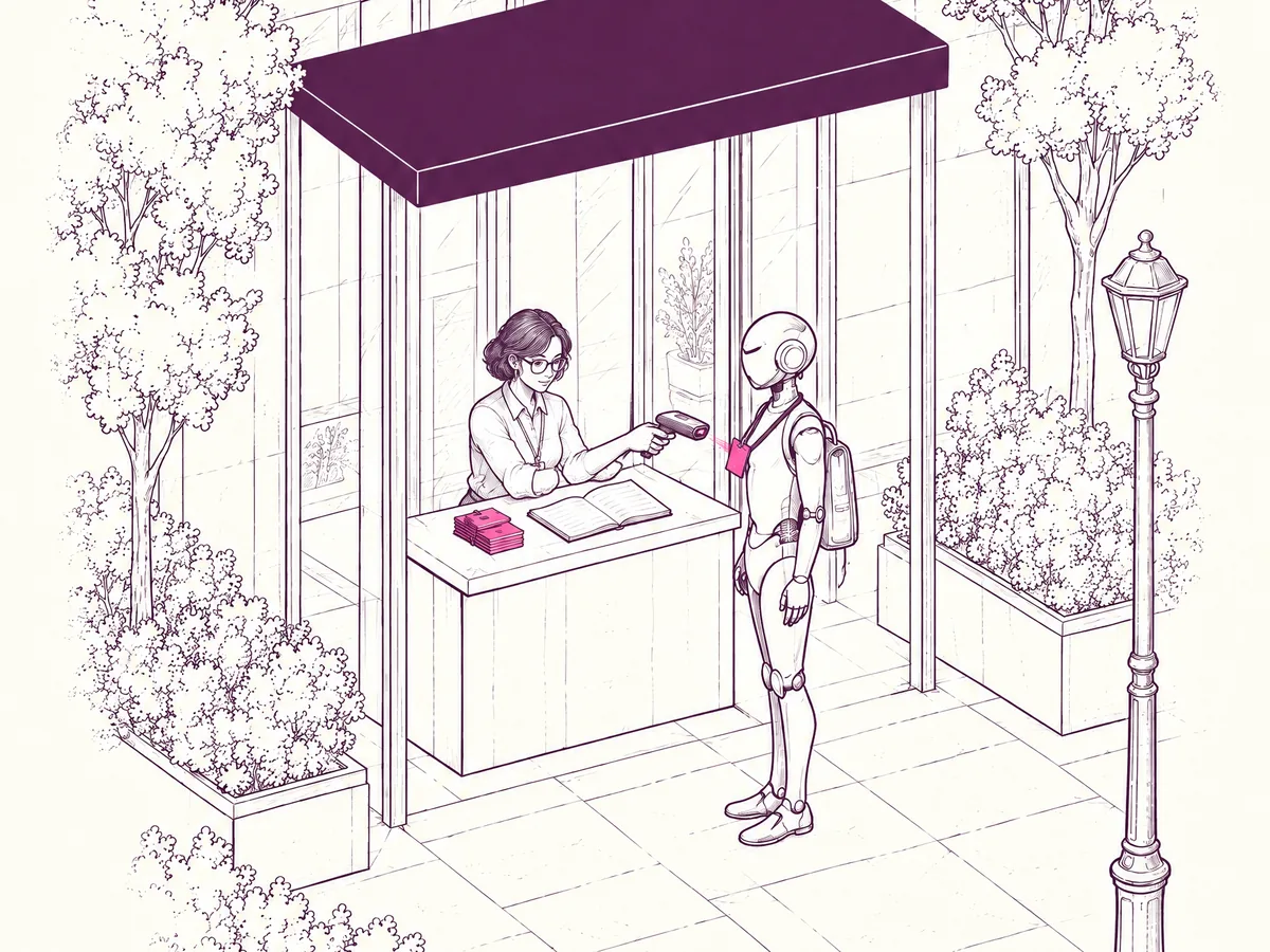 Ink drawing of a receptionist scanning the badge of an AI agent arriving at a front desk