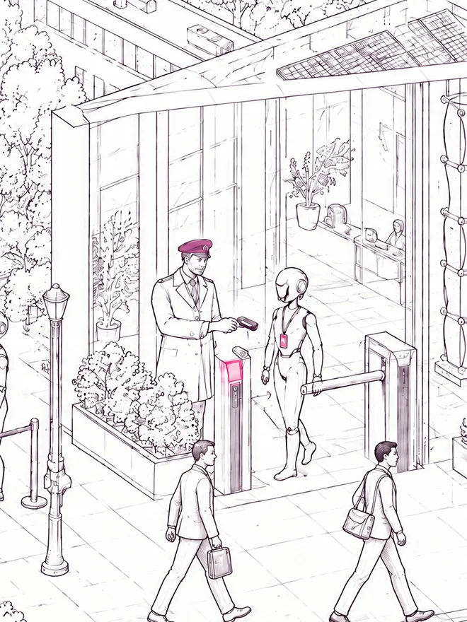 Ink drawing of a gatekeeper scanning the badge of an AI agent at a VIA ID checkpoint